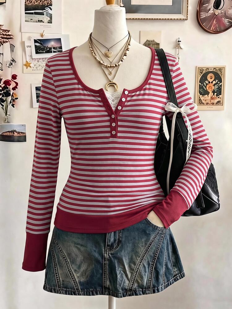 Teen Girls Teen Girl Autumn Red Striped Patchwork Long Sleeve T-Shirt Casual Daily Street Holiday Festival Campus - Red - View 5