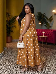 Veslaya 2026 Spring Summer Women's Plus Size Bold Classy Tummy Control Breathable Elegant 1950s Vintage 1920s Ochre Polka Dot Sleeveless Dress Vacation - Yellow - View 3