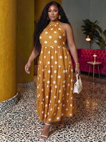 Veslaya 2026 Spring Summer Women's Plus Size Bold Classy Tummy Control Breathable Elegant 1950s Vintage 1920s Ochre Polka Dot Sleeveless Dress Vacation - Yellow - View 6