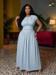 Veslaya Dusty Blue Summer Elegant Casual Tea Party Vacation Brunch Formal Holiday Plus Size Women's Ruched Peplum Textured V-Neck Dress Birthday - Sky Blue - View 1