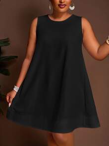 Veslaya Spring/Summer New Arrival Vacation & Casual Solid White Loose Sleeveless A-Line Plus Size Mini Dress, Summer Dresses - Black - View 3