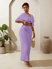Veslaya Spring/Summer New Vacation Casual & Beach Vacation & Beach & Sunbathing & Hotel Vacation & Cruise Vacation & Commute Casual & Daily Outing & Basic Commute & Party & Family Gathering & Daily Casual Solid Apricot Shirred Cinched Waist Back Ruched Cropped Top And Wide Leg Long Pants Women's Plus Size 2-Piece Set-A - Purple - View 6