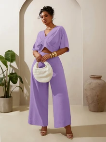 Veslaya Spring/Summer New Vacation Casual & Beach Vacation & Beach & Sunbathing & Hotel Vacation & Cruise Vacation & Commute Casual & Daily Outing & Basic Commute & Party & Family Gathering & Daily Casual Solid Apricot Shirred Cinched Waist Back Ruched Cropped Top And Wide Leg Long Pants Women's Plus Size 2-Piece Set-A - Purple - View 5