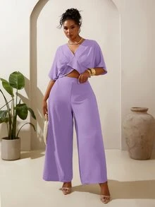 Veslaya Spring/Summer New Vacation Casual & Beach Vacation & Beach & Sunbathing & Hotel Vacation & Cruise Vacation & Commute Casual & Daily Outing & Basic Commute & Party & Family Gathering & Daily Casual Solid Apricot Shirred Cinched Waist Back Ruched Cropped Top And Wide Leg Long Pants Women's Plus Size 2-Piece Set-A - Purple - View 8