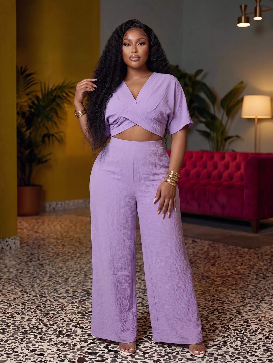 Veslaya Spring/Summer New Vacation Casual & Beach Vacation & Beach & Sunbathing & Hotel Vacation & Cruise Vacation & Commute Casual & Daily Outing & Basic Commute & Party & Family Gathering & Daily Casual Solid Apricot Shirred Cinched Waist Back Ruched Cropped Top And Wide Leg Long Pants Women's Plus Size 2-Piece Set-A - Purple - View 1
