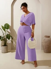 Veslaya Spring/Summer New Vacation Casual & Beach Vacation & Beach & Sunbathing & Hotel Vacation & Cruise Vacation & Commute Casual & Daily Outing & Basic Commute & Party & Family Gathering & Daily Casual Solid Apricot Shirred Cinched Waist Back Ruched Cropped Top And Wide Leg Long Pants Women's Plus Size 2-Piece Set-A - Purple - View 7