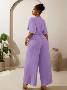 Veslaya Spring/Summer New Vacation Casual & Beach Vacation & Beach & Sunbathing & Hotel Vacation & Cruise Vacation & Commute Casual & Daily Outing & Basic Commute & Party & Family Gathering & Daily Casual Solid Apricot Shirred Cinched Waist Back Ruched Cropped Top And Wide Leg Long Pants Women's Plus Size 2-Piece Set-A - Purple - View 2