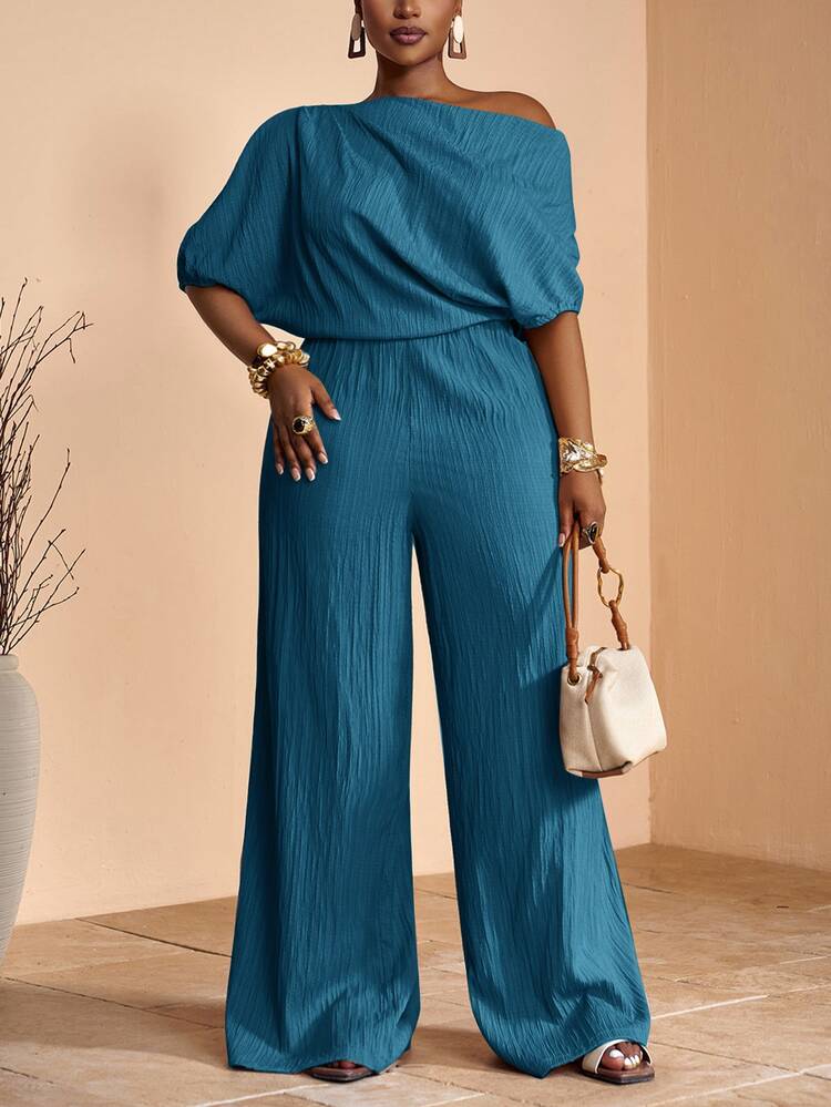 Veslaya Plus Size Women Light Teal Elegant Cocktail Curve Autumn One Shoulder Pleated Wide Leg Jumpsuit,Woven Textured Solid Graduation Party Evening Outfit - Olive Green - View 5