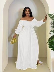 Veslaya 大尺碼白色夏季優雅派對婚禮賓客休閒露肩細肩帶長洋裝，綁腰高開衩荷葉邊鬆身A字度假洋裝 - 白色 - 查看 5