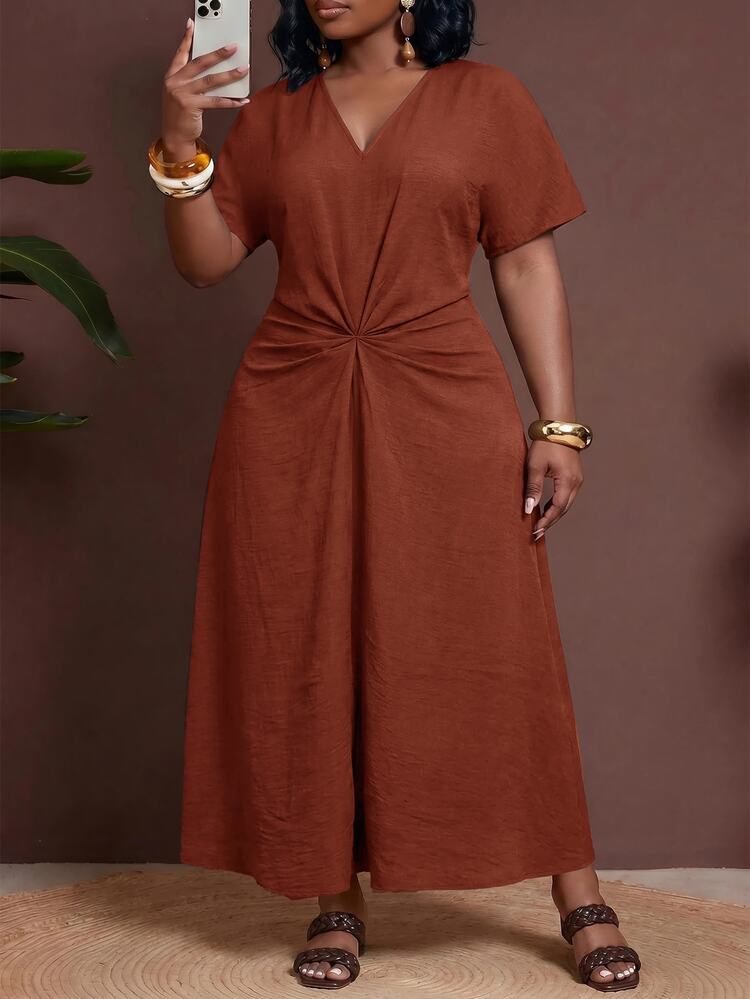 Veslaya Plus Size Women's Pleated Short Sleeve Vacation Dress For Spring/Summer, Cruise Travel - Redwood - View 6