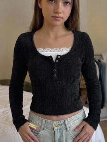 青少年女孩秋冬人造毛編織簡約優雅保暖內裡加厚長袖上衣 - 黑色 - 查看 8