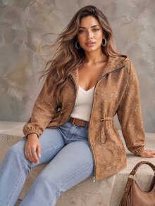 Ceyna Plus Size Women's French Casual Elegant Embroidered Long Sleeve Jacket Fall Thanksgiving Holiday Office Camel - Coffee Brown - View 3