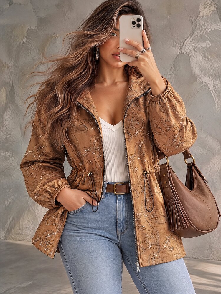 Ceyna Plus Size Women's French Casual Elegant Embroidered Long Sleeve Jacket Fall Thanksgiving Holiday Office Camel - Coffee Brown - View 6