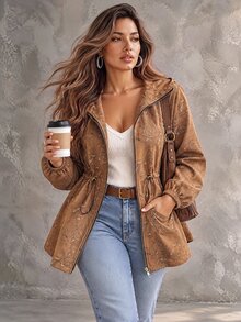 Ceyna Plus Size Women's French Casual Elegant Embroidered Long Sleeve Jacket Fall Thanksgiving Holiday Office Camel - Coffee Brown - View 1