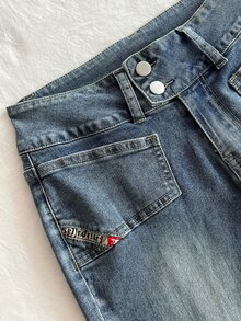 Elamini Low Waist Fashion Pocket Vintage Washed Slim Fit Flare Jeans - Dark Wash - View 6