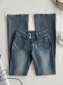 Elamini Low Waist Fashion Pocket Vintage Washed Slim Fit Flare Jeans - Dark Wash - View 8