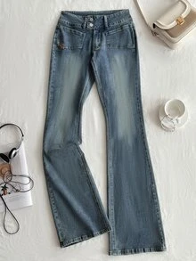 Elamini Low Waist Fashion Pocket Vintage Washed Slim Fit Flare Jeans - Dark Wash - View 4