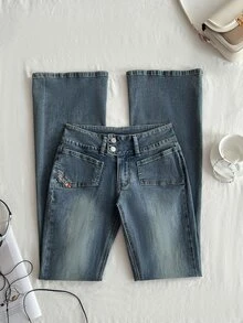 Elamini Low Waist Fashion Pocket Vintage Washed Slim Fit Flare Jeans - Dark Wash - View 7