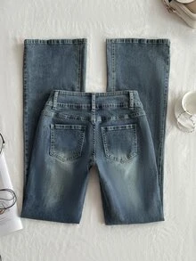 Elamini Low Waist Fashion Pocket Vintage Washed Slim Fit Flare Jeans - Dark Wash - View 2
