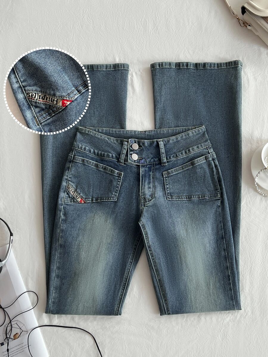 Elamini Low Waist Fashion Pocket Vintage Washed Slim Fit Flare Jeans - Dark Wash - View 1