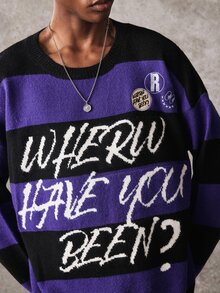 ROMWE MEN Men's Round Neck Striped Badge Knit Sweater Street Style - Multicolor - View 2
