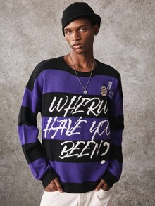 ROMWE MEN Men's Round Neck Striped Badge Knit Sweater Street Style - Multicolor - View 8
