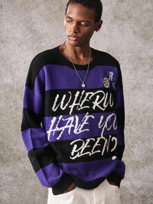 ROMWE MEN Men's Round Neck Striped Badge Knit Sweater Street Style - Multicolor - View 5