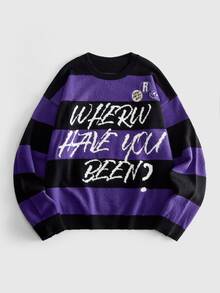 ROMWE MEN Men's Round Neck Striped Badge Knit Sweater Street Style - Multicolor - View 9