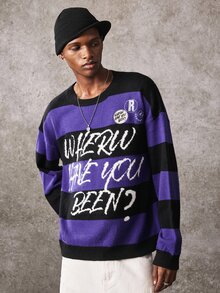ROMWE MEN Men's Round Neck Striped Badge Knit Sweater Street Style - Multicolor - View 3