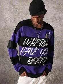 ROMWE MEN Men's Round Neck Striped Badge Knit Sweater Street Style - Multicolor - View 1