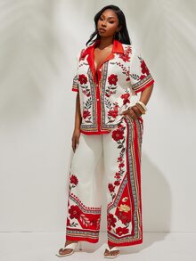 Radiana 大尺碼女款夏季兩件套套裝，長褲套裝，度假休閒波西米亞風，星空熱帶沙灘正式風，米色亮片 - 彩色 - 查看 1