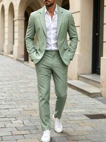 Manfinity Bizformal بدلة رجالية باللون الأخضر المريمي من قطعتين، بدلة صيفية كاجوال للأعمال والزفاف، بليزر وبنطلون، بدلة رسمية للحفلات الراقصة للارتداء اليومي، هدية للمراسم للزوج ... - أخضر - مشاهدة 4