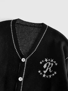 ROMWE MEN Men's Open Front Jacquard Knit Top, Vintage Fashion - Black - View 5