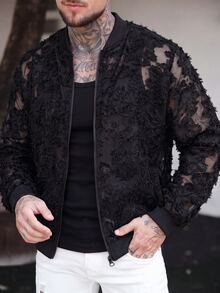 ARLO REED 男士時尚百搭刺繡拉鍊長袖夾克 - 黑色 - 查看 2