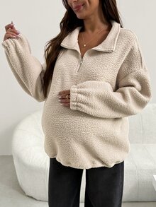 SHEIN Maternity Solid Color Casual Versatile Daily Wear Long Sleeve Sweatshirt Ladies Winter Housecoat - Khaki - View 3