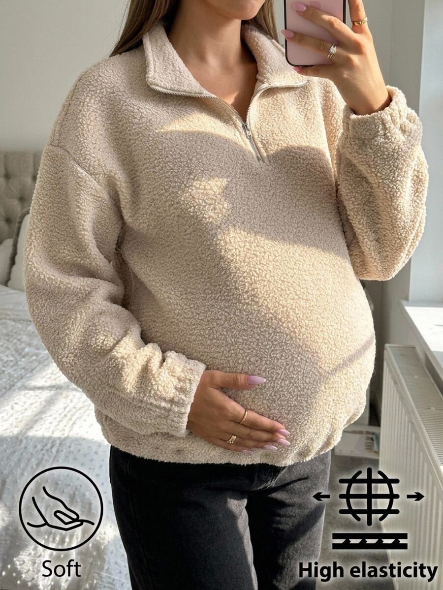SHEIN Maternity Solid Color Casual Versatile Daily Wear Long Sleeve Sweatshirt Ladies Winter Housecoat - Khaki - View 1
