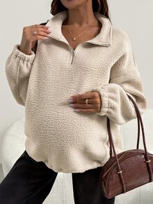 SHEIN Maternity Solid Color Casual Versatile Daily Wear Long Sleeve Sweatshirt Ladies Winter Housecoat - Khaki - View 5