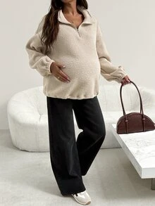 SHEIN Maternity Solid Color Casual Versatile Daily Wear Long Sleeve Sweatshirt Ladies Winter Housecoat - Khaki - View 4