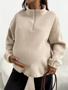 SHEIN Maternity Solid Color Casual Versatile Daily Wear Long Sleeve Sweatshirt Ladies Winter Housecoat - Khaki - View 6