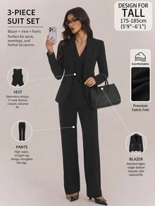 SHEIN Tall Autumn/Winter Sexy Commute Date Black Long Sleeve Blazer, Vest And Pants 3 Pieces Set - Black - View 3