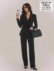 SHEIN Tall Autumn/Winter Sexy Commute Date Black Long Sleeve Blazer, Vest And Pants 3 Pieces Set - Black - View 10