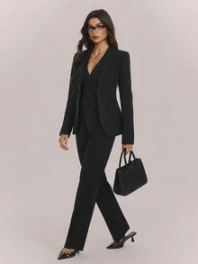 SHEIN Tall Autumn/Winter Sexy Commute Date Black Long Sleeve Blazer, Vest And Pants 3 Pieces Set - Black - View 9