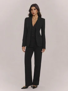 SHEIN Tall Autumn/Winter Sexy Commute Date Black Long Sleeve Blazer, Vest And Pants 3 Pieces Set - Black - View 5