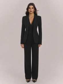 SHEIN Tall Autumn/Winter Sexy Commute Date Black Long Sleeve Blazer, Vest And Pants 3 Pieces Set - Black - View 7