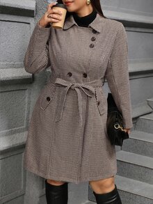 SHEIN Clasi 大尺碼女款千鳥格長袖雙排扣優雅休閒商務大衣，適合辦公室、派對、正式場合，棕色秋季款 - 棕色 - 查看 8