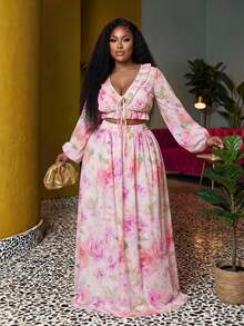 Veslaya Fall Romantic Bohemian Boho Casual Elegant Floral Print Cropped Top Skirt Set Vacation Beach Formal Party Plus Size Pink - Mauve Purple - View 1