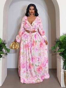 Veslaya Fall Romantic Bohemian Boho Casual Elegant Floral Print Cropped Top Skirt Set Vacation Beach Formal Party Plus Size Pink - Mauve Purple - View 3