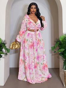 Veslaya Fall Romantic Bohemian Boho Casual Elegant Floral Print Cropped Top Skirt Set Vacation Beach Formal Party Plus Size Pink - Mauve Purple - View 5