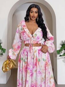 Veslaya Fall Romantic Bohemian Boho Casual Elegant Floral Print Cropped Top Skirt Set Vacation Beach Formal Party Plus Size Pink - Mauve Purple - View 4