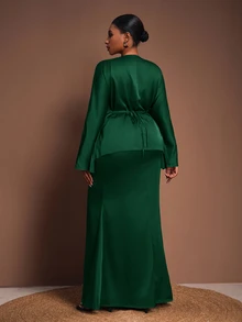 Veslaya Dark Green Autumn Elegant Wedding Guest Plus Size Women's Two Pieces Set,Crossover Front Off Shoulder Long Sleeve Top And Straight Long Skirt Outfit - Dark Green - View 2